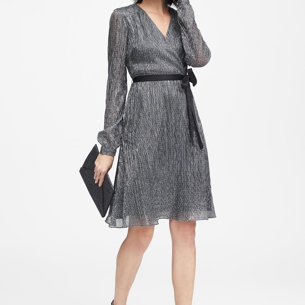 Banana Republic Pleated Metallic Faux-wrap Dress
